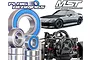 A promotional graphic for Plaig RC bearing kits featuring various metal ball bearings with blue seals, an MST RC car chassis, and a grey sports car.