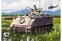 Box art for AFV Club 1/35 scale M113A1 LRV model kit showing a painted illustration of the tank in a field with a helicopter overhead.