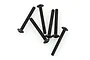 A set of six black metal button head screws with fine threading arranged on a white background.