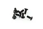 A small pile of eight black metal countersunk screws with Phillips heads on a white background.