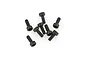 A cluster of eight black metal cap head screws with coarse threads arranged on a white background.