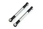 Two gunmetal grey metal RC suspension linkages with black plastic rod ends on a white background.