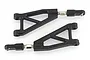 Two black plastic RC car suspension arms with adjustable metal turnbuckle ends on a white background.