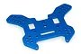 A blue anodised aluminium rear shock tower for an RC car, featuring multiple mounting holes and cutouts, isolated on a white background.