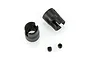 Two black metal RC centre drive cups and two small grub screws on a white background.