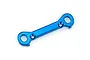 A blue anodized aluminium front lower suspension arm pin mount for an RC car, shown against a white background.