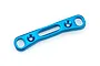 A blue anodised aluminium RC suspension arm pin mount on a white background.