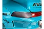 Close-up of a light blue RC car body shell featuring a 3D smoke-tinted tail light decal applied to the rear panel.