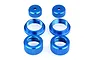 A set of six blue anodized aluminium RC shock absorber components, including two caps and four threaded collars, arranged on a white background.