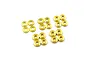 A set of twenty small, circular brass flat washers arranged in five groups of four on a white background.
