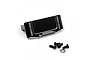 A black aluminium servo mount by Yeah Racing with silver accents and included mounting hardware on a white background.
