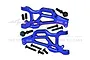 Two blue anodized aluminium RC front lower suspension arms with mounting hardware on a white background.