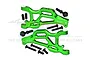 A pair of green anodized aluminium front lower suspension arms for RC cars by GPM Racing, including mounting screws and ball joints.