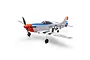 HobbyZone P-51D Mustang RC warbird plane in silver, blue, and red livery with invasion stripes on a white background.