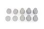 A set of ten small grey plastic suspension arm pin bushings arranged in two rows of five on a white background.