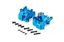 A pair of blue anodized aluminium RC gearbox case halves with a set of assorted black metal screws on a white background.
