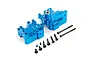 A pair of bright blue anodized aluminium RC gearbox case halves with a set of black steel screws and bolts on a white background.