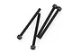 Four black metal cap head screws with fine threading arranged on a white background.