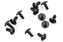 A collection of ten black metal button head screws with coarse threads arranged on a white background.