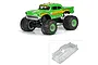A composite image showing a fully painted and assembled 1957 Chevy Bel Air monster truck alongside its unpainted clear polycarbonate body shell.