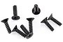 A group of seven black metal countersunk screws with coarse threads and cross-head drives arranged on a white background.