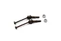 Two brown spring steel double joint driveshafts and two small metal ball bearings on a white background.