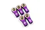 Five purple anodized aluminium rod ends with brass ball joints, each featuring the Yeah Racing logo, arranged on a white background.