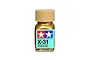 A small glass jar of Tamiya X-31 Titanium Gold enamel paint with a tan screw-top lid against a white background.