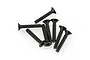A group of eight black metal countersunk screws with coarse threads arranged on a white background.