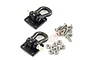 Two black aluminium heavy-duty RC shackles with mounting brackets, accompanied by a set of silver screws and nuts on a white background.