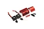 Yeah Racing Twin Tornado high speed cooling fan set with red aluminium heat sink, mounting hardware, and screws on a white background.