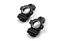 Two black anodized aluminium rear hub carriers for RC cars, shown from an angled top-down perspective on a white background.