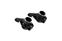 Two black anodized aluminium RC car steering knuckles with silver chamfered edges, one marked with an L.