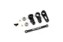 Yeah Racing black aluminium steering assembly components including steering arms, a drag link, bearings, bushings, and screws on a white background.