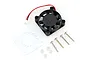 A 40x40mm black cooling fan with a red and black wire, a clear plastic fan guard, four metal screws, and four small white plastic spacers.
