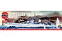 Airfix 1/600 scale HMS Ajax model kit box art featuring a painting of the light cruiser at sea with smoke and water splashes.