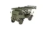 A 1/35 scale plastic model of a BM-13-16 Katyusha rocket launcher mounted on a W.O.T. 8 truck chassis, painted in military olive green.