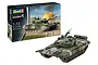 Revell 1/72 scale T-72 M1 tank plastic model kit box and a fully assembled, painted model tank on a white background.