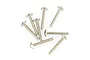 A set of eight silver-coloured metal button head screws arranged on a white background.