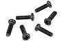 A group of six black metal binder head screws with Phillips drive heads arranged on a white background.
