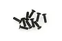 A small pile of ten black metal countersunk screws with Phillips heads arranged on a white background.