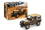 A Revell 1/24 scale 1977 Jeep CJ-7 plastic model kit box and a fully assembled brown and tan model Jeep.
