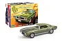 A Revell 1/25 scale 1968 Pontiac Firebird model kit box displayed next to a fully assembled and painted olive green model car.
