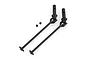 Two black metal universal drive shafts for an RC car, accompanied by two small grub screws, isolated on a white background.