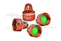 Four orange aluminium RC shock absorber caps from GPM Racing, featuring silver pivot balls and engraved GPM Racing 7075 branding.