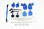 GPM Racing blue aluminium front steering and suspension upgrade set for RC cars, including steering knuckles, C-hubs, driveshafts, and various screws.