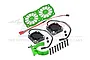 GPM Racing green aluminium motor heatsink set with dual cooling fans, mounting hardware, and screws on a white background.
