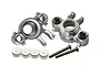 A pair of silver GPM Racing aluminium steering knuckles with four white plastic inserts and two metal screws on a white background.