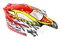 A pre-painted red, yellow, and black RC buggy body shell with flame graphics and Planet branding on a white background.