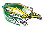 A pre-painted green, yellow, and white RC buggy body shell for the HSP Planet, featuring flame graphics and 'PLANET' text on a white background.